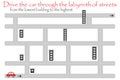 Drive car through labyrinth of streets, from the lowest building, fun education game for kids, preschool activity for children,