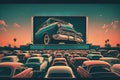 American drive-in with cars lined up in several rows, created with Generative AI technology