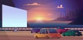 Drive cinema. Outdoor park open space for cars people watching movie happy couples night cinema vector illustrations Royalty Free Stock Photo