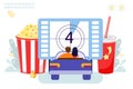 Drive-in movie theater with open air parking flat style Movies vector illustration