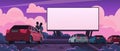 Drive-in romantic cinema. Cartoon couple watching movie in outdoor open space car theater. Hugging couple on date Royalty Free Stock Photo