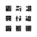 Drive in services black glyph icons set on white space