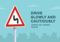 Drive slowly and cautiously, series of curves ahead road sign. Close-up view. Royalty Free Stock Photo