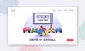 Drive-in Theater Landing Page Template. Couple at Car Cinema Romantic Dating, Automobiles Stand in Open Air City Parking