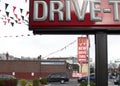 Drive Thru Sign at McDonald`s Restaurant Cars Ordering Takeout Royalty Free Stock Photo
