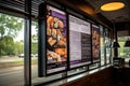 drive-thru window with mobile ordering option, displaying menu and payment options