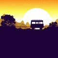 Drive a van Road background sunset silhouettes on the Mountain and tree. twilight. Vector. Illustrator Royalty Free Stock Photo