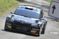 The driver Alberto Battistolli and his co-driver Simone Scattolin aboard their Skoda Fabia Rally 2 Evo car, during the Santopadre 