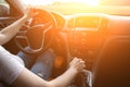 Driver car. Fun drive in summer vacation ride day. Happy young woman have road travel trip inside car in sunny day Royalty Free Stock Photo