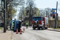 The driver of the car passed the intersection to the red signal of the traffic light, where he collided with another car, the car Royalty Free Stock Photo