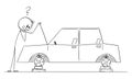 Driver and Car with Stolen Wheels , Vector Cartoon Stick Figure Illustration Royalty Free Stock Photo