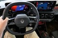 Driver cockpit in electric subcompact crossover SUV car Renault 4 E-tech Royalty Free Stock Photo