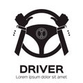 Driver design element with hands holding steering wheel.
