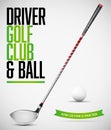 Driver golf club and ball with shadows on white background Royalty Free Stock Photo