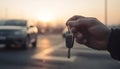 Driver holding key unlocks car at sunset generated by AI