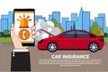 Driver Holding Smart Phone Order Insurance Service Assistance Over Broken Car Background