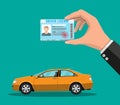 Driver license in hand and orange sedan car Royalty Free Stock Photo