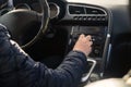 Driver man hand holding automatic transmission in car Royalty Free Stock Photo