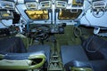 Driver-mechanic cabin of Ukrainian combat reconnaissance vehicle BRDM 2: seat, wheel, dashboard