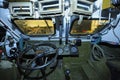 Driver-mechanic cabin of Ukrainian combat reconnaissance vehicle BRDM 2: seat, wheel, dashboard