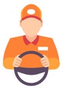 Driver in orange uniform. Worker with steering wheel