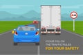 Driver overtaking a truck trailer on highway. Blue car is breaking the traffic rules.