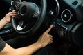 Driver Press Finger On Car`s Start Button