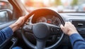 Driver s Hands on Steering Wheel, Inside, Car Interior, Driving, Transportation, Dashboard. Royalty Free Stock Photo