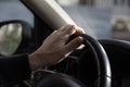 The driver`s hands are on the steering wheel Royalty Free Stock Photo
