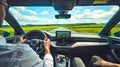 Driver's perspective on a sunny day road trip. Modern car interior. Enjoying the drive through lush countryside