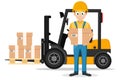 Driver stands with a box in his hands and a forklift with a load on a white.