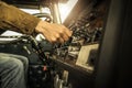 Driver Switching Dashboard Buttons Inside His Classic Semi Truck Royalty Free Stock Photo