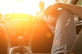 Driver training car on road in summer sunny day. Happy young woman inside vehicle driving. Vacation ride trip travel Royalty Free Stock Photo