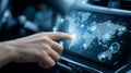 Driver using futuristic gps navigation system in car: interactive world map Royalty Free Stock Photo