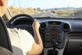 Driver woman getting close to overtaking forbidden road section