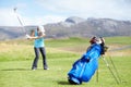 Driver, woman or golfer playing golf for fitness, workout or exercise with a swing on a green course. Wellness, girl Royalty Free Stock Photo