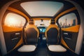 Driverless Autonomous Vehicle interior. Futuristic Self-Driving taxi car empty salon in a Modern City with cityscape Royalty Free Stock Photo