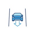 Driverless Car with Arrow on the Street vector blue icon