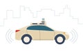 Driverless Car, autonomous vehicle, auto with autopilot and city background. Vector illustration Royalty Free Stock Photo