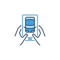 Driverless Car connected via Smartphone vector blue icon