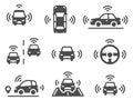 Driverless car icons. Autonomous robotic car, smart driving vehicles, navigation mobile lines road, eco technology