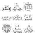Driverless car icons set, outline style