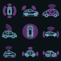 Driverless car icons set vector neon