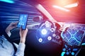 Driverless car interior with futuristic dashboard for autonomous control system Royalty Free Stock Photo