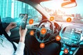 Driverless car interior with futuristic dashboard for autonomous control system Royalty Free Stock Photo