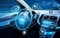 Driverless car interior with futuristic dashboard for autonomous control system Royalty Free Stock Photo