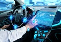 Driverless car interior with futuristic dashboard for autonomous control system Royalty Free Stock Photo