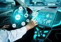 Driverless car interior with futuristic dashboard for autonomous control system