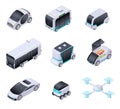 Driverless cars. Future smart vehicles. Unmanned city transport, autonomous truck and drone. Isometric vector isolated