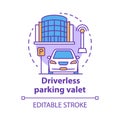 Driverless parking valet concept icon. Smart parking technology. City car-park. Stand for robotic vehicles idea thin